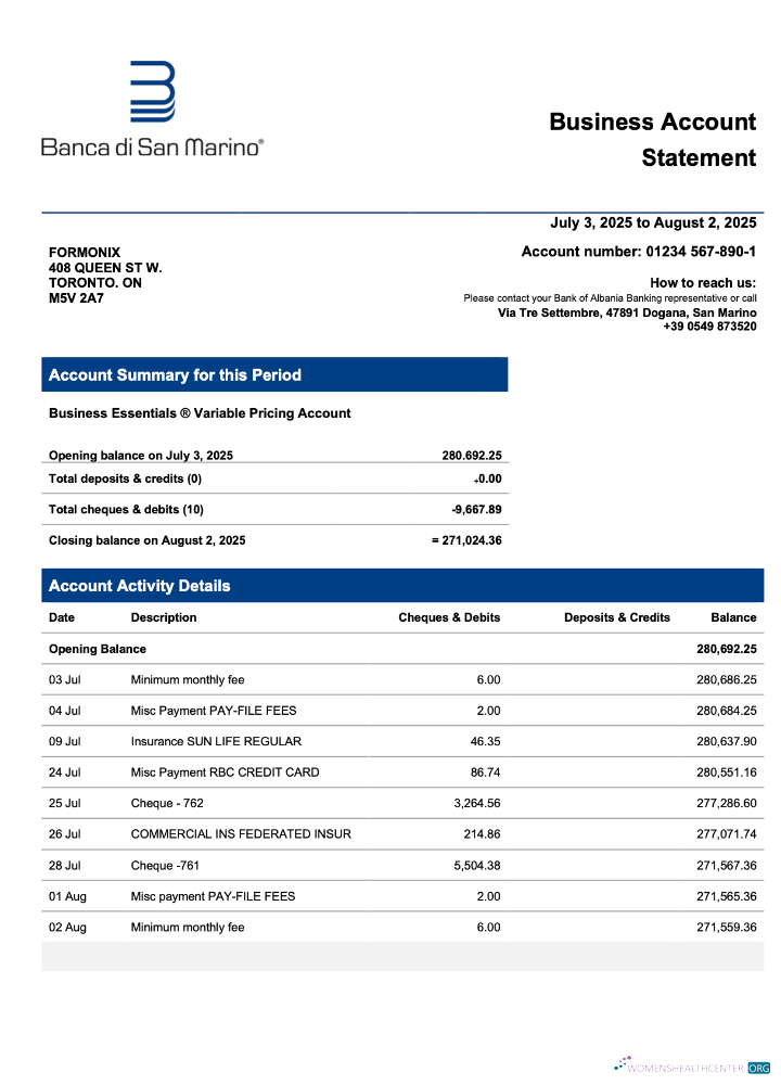 Download San Marino Banca di San Marino company statement Word and PDF template Photoshop template